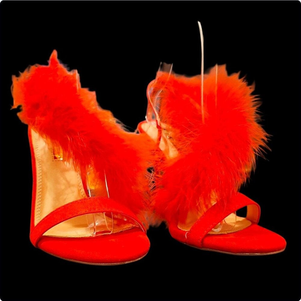 Bright Red Feathered High Heel Stiletto Open Toe Sandals With Dramatic Plume Acc - Picture 4 of 8